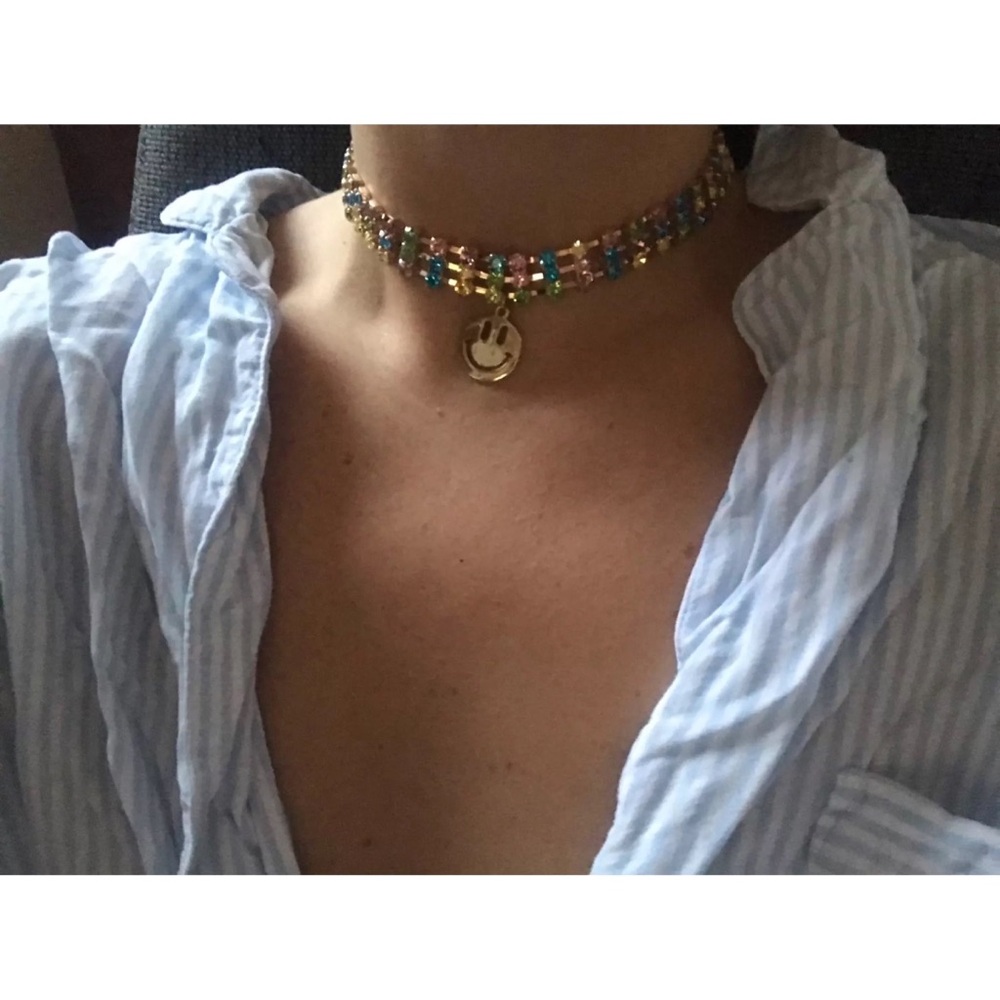 Zara Rainbow Rhinestone Smiley Charm Choker Necklaces + Chain - Picture 1 of 14